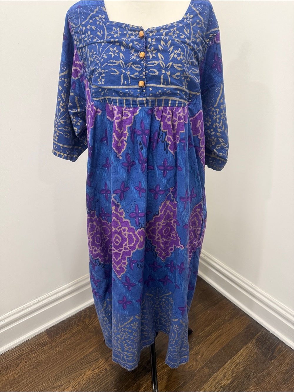 Vintage 90s Sante Classics Blue & Purple Patterned Boho Caftan House Dress Med